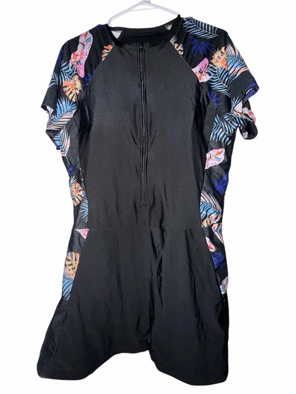 Zip Front Tropical Print One Piece Swimsuit Black Floral